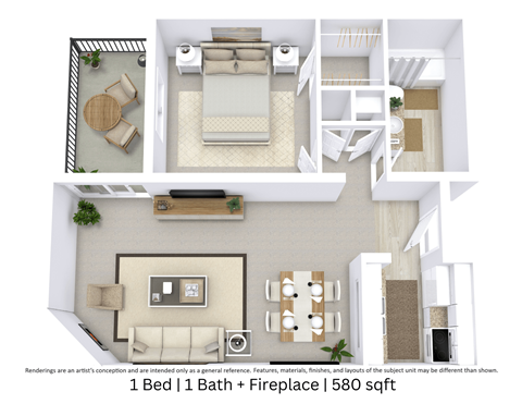 Floor plan for 1 bed, 1 bath, 580 sqft